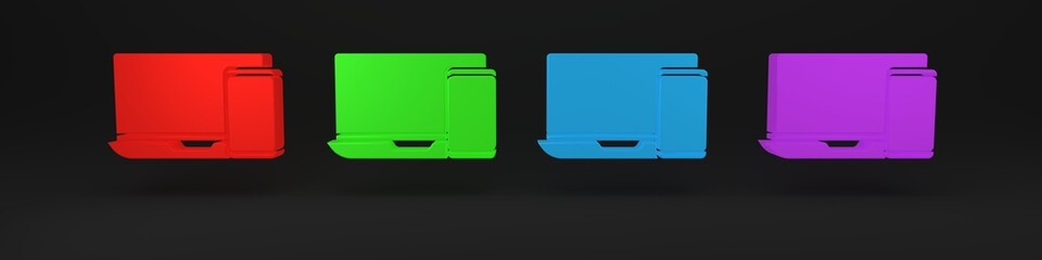 Poster - Colorful Computer monitor and mobile phone icon isolated on black background. Earnings in the Internet, marketing. Minimalism concept. 3D render illustration