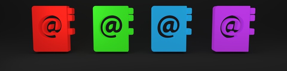 Poster - Colorful Address book icon isolated on black background. Notebook, address, contact, directory, phone, telephone book icon. Minimalism concept. 3D render illustration