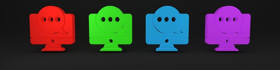 Poster - Colorful New chat messages notification on monitor icon isolated on black background. Smartphone chatting sms messages speech bubbles. Minimalism concept. 3D render illustration