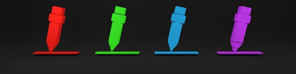 Poster - Colorful Pencil with eraser icon isolated on black background. Drawing and educational tools. School office symbol. Minimalism concept. 3D render illustration