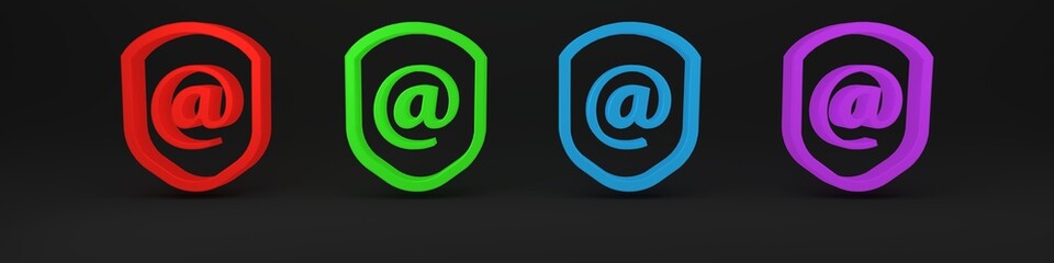 Poster - Colorful Shield with mail and e-mail icon isolated on black background. Guard sign. Security, safety, protection, privacy concept. Minimalism concept. 3D render illustration