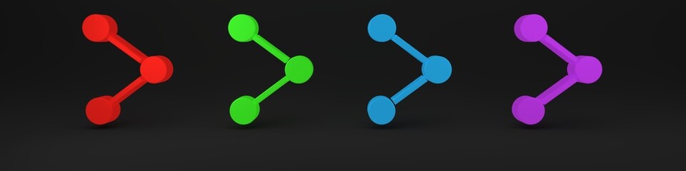 Poster - Colorful Share icon isolated on black background. Share, sharing, communication pictogram, social media, connection, network. Minimalism concept. 3D render illustration