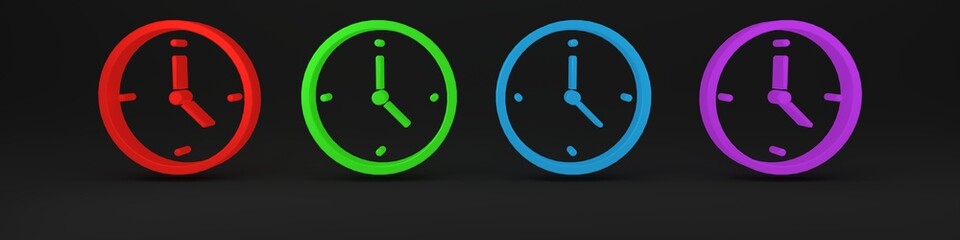 Poster - Colorful Fast time delivery icon isolated on black background. Timely service, stopwatch in motion, deadline concept, clock speed. Minimalism concept. 3D render illustration