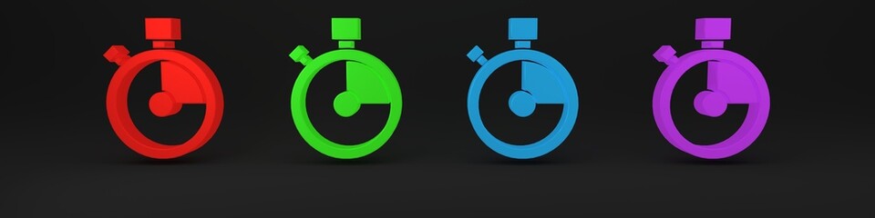 Poster - Colorful Fast time delivery icon isolated on black background. Timely service, stopwatch in motion, deadline concept, clock speed. Minimalism concept. 3D render illustration
