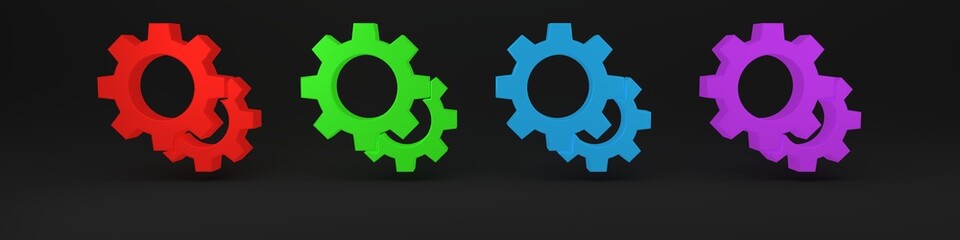 Poster - Colorful Gear icon isolated on black background. Cogwheel gear settings sign. Cog symbol. Minimalism concept. 3D render illustration