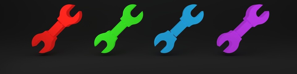 Poster - Colorful Wrench spanner icon isolated on black background. Minimalism concept. 3D render illustration