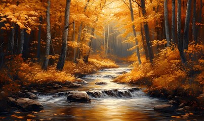 Wall Mural - Sunlit Stream Winding Through an Autumnal Forest