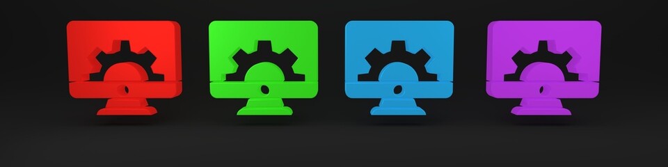 Canvas Print - Colorful Computer monitor and gear icon isolated on black background. Adjusting, service, setting, maintenance, repair, fixing. Minimalism concept. 3D render illustration