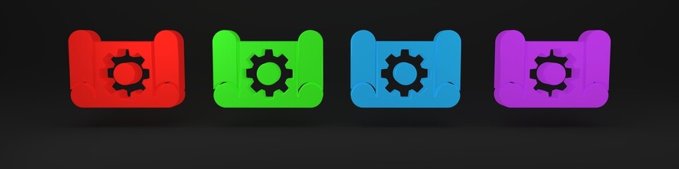 Poster - Colorful Graphing paper for engineering and gear icon isolated on black background. Minimalism concept. 3D render illustration