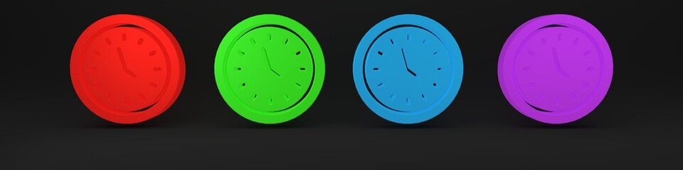 Poster - Colorful Clock icon isolated on black background. Time symbol. Minimalism concept. 3D render illustration