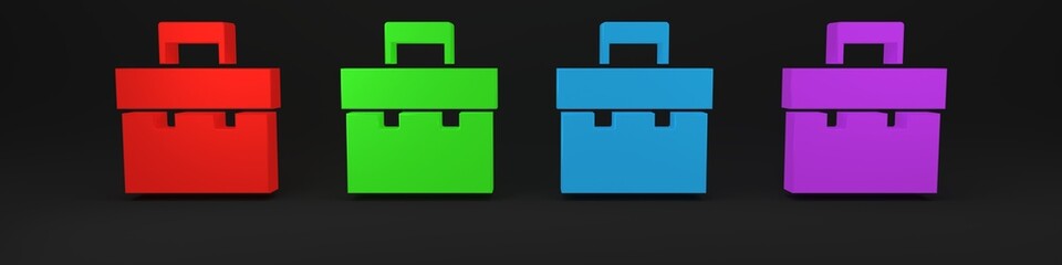 Poster - Colorful Briefcase icon isolated on black background. Business case sign. Business portfolio. Minimalism concept. 3D render illustration