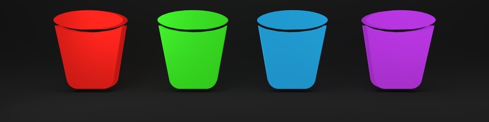Poster - Colorful Trash can icon isolated on black background. Garbage bin sign. Recycle basket icon. Office trash icon. Minimalism concept. 3D render illustration