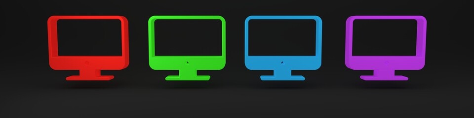 Poster - Colorful Computer monitor screen icon isolated on black background. Electronic device. Front view. Minimalism concept. 3D render illustration
