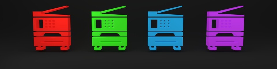Poster - Colorful Printer icon isolated on black background. Minimalism concept. 3D render illustration