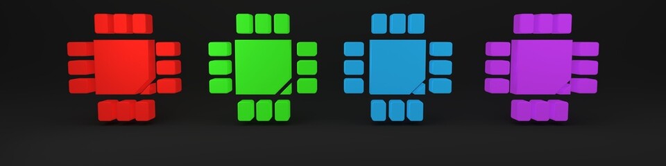 Wall Mural - Colorful Computer processor with microcircuits CPU icon isolated on black background. Chip or cpu with circuit board. Micro processor. Minimalism concept. 3D render illustration