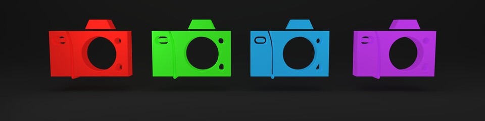 Poster - Colorful Photo camera icon isolated on black background. Foto camera icon. Minimalism concept. 3D render illustration