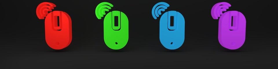 Poster - Colorful Wireless computer mouse icon isolated on black background. Optical with wheel symbol. Minimalism concept. 3D render illustration