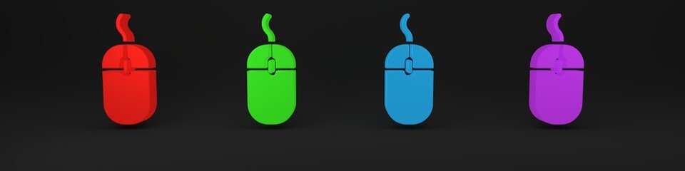 Poster - Colorful Computer mouse icon isolated on black background. Optical with wheel symbol. Minimalism concept. 3D render illustration