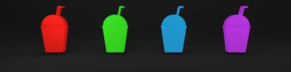 Canvas Print - Colorful Milkshake icon isolated on black background. Plastic cup with lid and straw. Minimalism concept. 3D render illustration