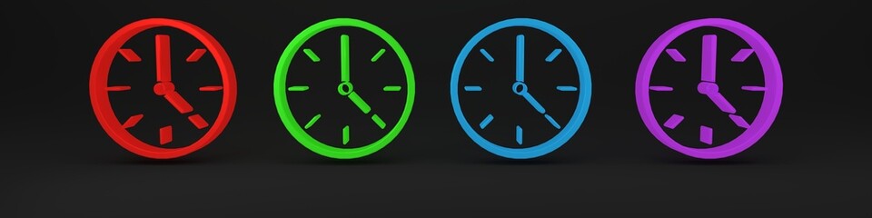 Poster - Colorful Clock icon isolated on black background. Time symbol. Minimalism concept. 3D render illustration