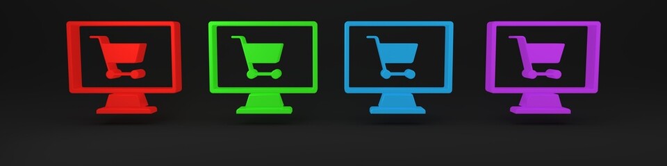 Sticker - Colorful Shopping cart on screen computer icon isolated on black background. Concept e-commerce, e-business, online business marketing. Minimalism concept. 3D render illustration