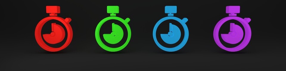 Poster - Colorful Stopwatch icon isolated on black background. Time timer sign. Chronometer sign. Minimalism concept. 3D render illustration