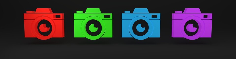 Wall Mural - Colorful Photo camera icon isolated on black background. Foto camera icon. Minimalism concept. 3D render illustration