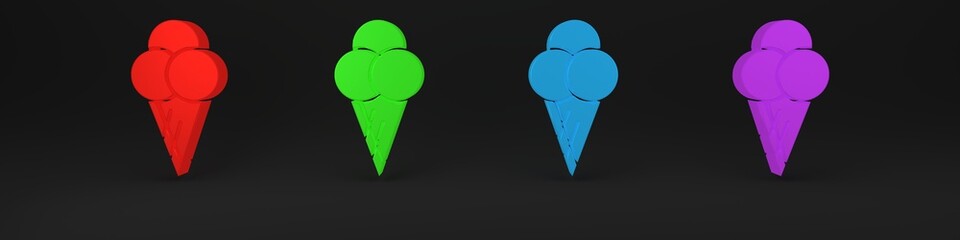 Colorful Ice cream in waffle cone icon isolated on black background. Sweet symbol. Minimalism concept. 3D render illustration