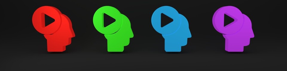 Poster - Colorful Head people with play button icon isolated on black background. Minimalism concept. 3D render illustration