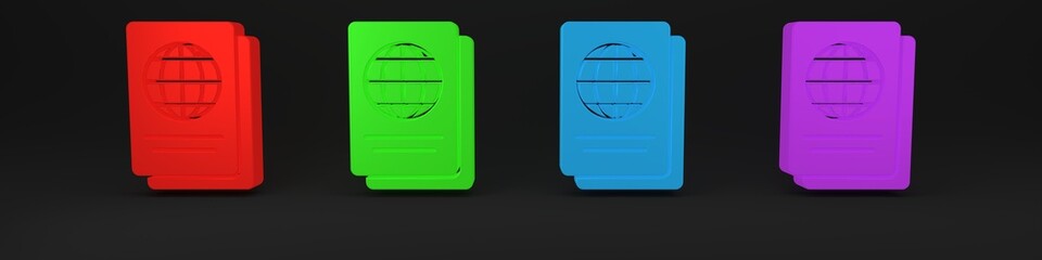 Poster - Colorful Passport with biometric data icon isolated on black background. Identification Document. Minimalism concept. 3D render illustration