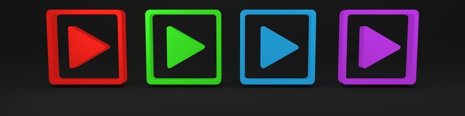 Poster - Colorful Play in square icon isolated on black background. Minimalism concept. 3D render illustration