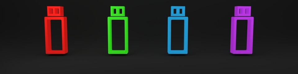 Colorful USB flash drive icon isolated on black background. Minimalism concept. 3D render illustration