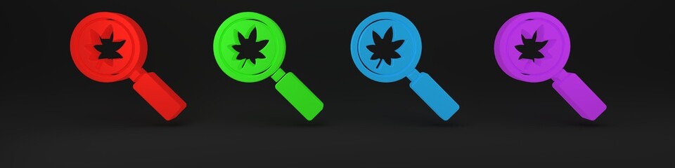 Poster - Colorful Magnifying glass with leaf icon isolated on black background. Scientific biology, study nature leaf. Minimalism concept. 3D render illustration