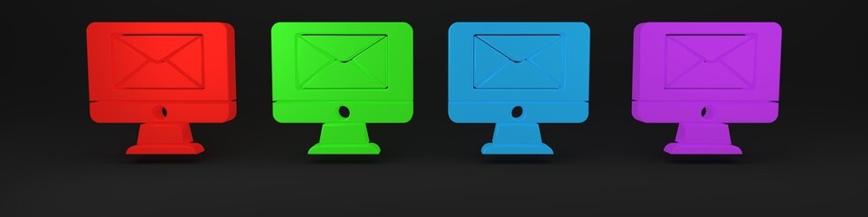 Sticker - Colorful Monitor and envelope, new message, mail icon isolated on black background. Usage for e-mail newsletters, headers, blog posts. Minimalism concept. 3D render illustration