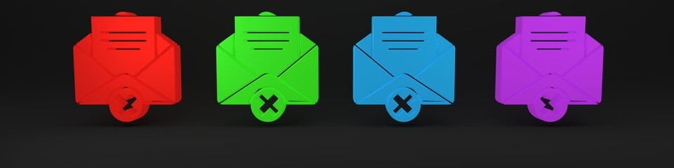 Poster - Colorful Delete envelope icon isolated on black background. Delete or error letter. Cross on message. Rejected mail. Minimalism concept. 3D render illustration