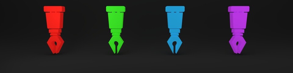 Poster - Colorful Fountain pen nib icon isolated on black background. Pen tool sign. Minimalism concept. 3D render illustration