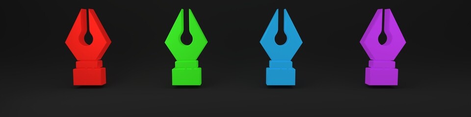 Poster - Colorful Fountain pen nib icon isolated on black background. Pen tool sign. Minimalism concept. 3D render illustration