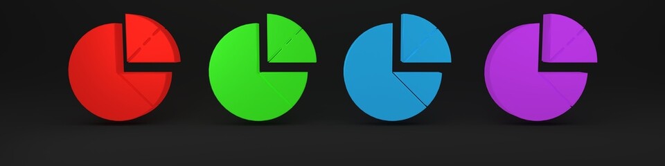 Poster - Colorful Pie chart infographic icon isolated on black background. Diagram chart sign. Minimalism concept. 3D render illustration