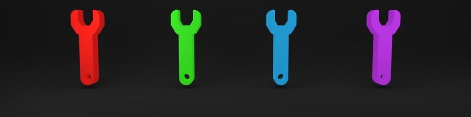 Poster - Colorful Wrench spanner icon isolated on black background. Minimalism concept. 3D render illustration