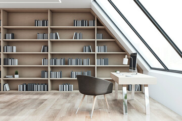 Wall Mural - Modern office with bookshelf and desk in attic room. 3D Rendering