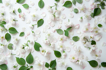 Poster - Delicate White Flower Petals and Green Leaves on a White Background