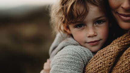 A gentle embrace between a child in a cozy gray sweater and their caregiver captures the essence of warmth, love, and comfort in a touching and serene moment.