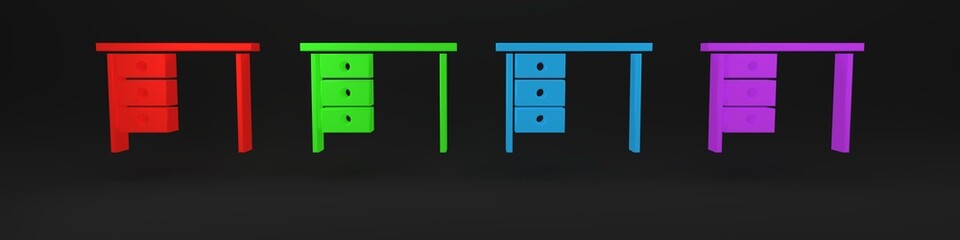 Poster - Colorful Office desk icon isolated on black background. Minimalism concept. 3D render illustration