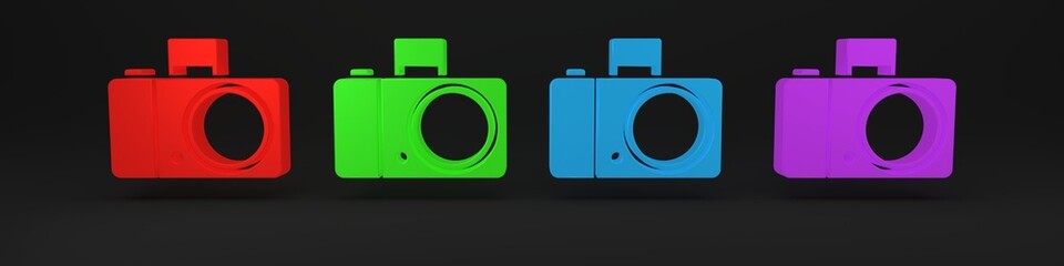 Wall Mural - Colorful Photo camera icon isolated on black background. Foto camera icon. Minimalism concept. 3D render illustration