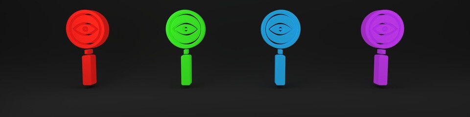 Poster - Colorful Magnifying glass icon isolated on black background. Search, focus, zoom, business symbol. Minimalism concept. 3D render illustration
