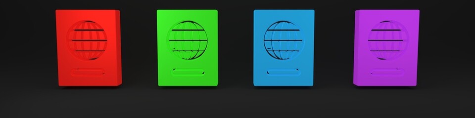 Poster - Colorful Passport with biometric data icon isolated on black background. Identification Document. Minimalism concept. 3D render illustration