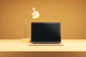 Poster - Laptop and lamp on desk in modern orange-themed workspace. 3D Rendering