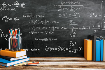 Poster - School supplies and mathematical formulas on chalkboard background. 3D Rendering