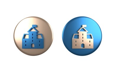 Sticker - Colorful Castle icon isolated on white background. Medieval fortress with a tower. Protection from enemies. Reliability and defense of the city. Circle button. 3D render illustration