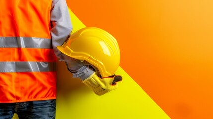 Manual Worker Holding Yellow Safety Helmet with Protective Gloves on Vibrant Yellow and Orange Background, Emphasizing Workplace Security and Safety Concepts